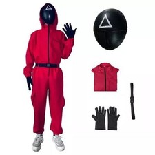 Kid Adult Squid Red Jumpsuit Villain Uniform Mask Halloween Cosplay Costume Game
