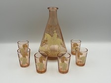 Vintage 1950s French Decanter & 6  Peach Coloured Shot Glasses, [hunting scene]