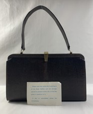 Vintage 1950s Brown Lizard Skin Handbag Pale Blue Suede Lining And Care Card