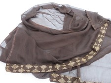 DARK BROWN CHUNNI DUPATTA SHEER CHIFFON XXL SCARF - SARI BORDER & COPPER THREADS