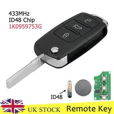 433MHz Remote Flip Key Fob 3Button ID48Chip For Volkswagen VW T5 Golf 1K0959753G