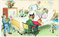 Anthropomorphic Cats - Hospital Bed TV  - Alfred Mainzer #4931 - c1960s postcard