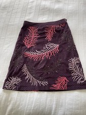 Lovely White Stuff Purple Brushed Cotton Velvet Skirt Size 10 Feather Embroidery