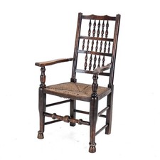 Mid c.19th Elm & Ash Lancashire Rush Seat Country Elbow Chair Carver Armchair