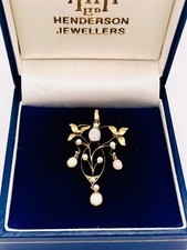 Antique Edwardian 9ct Gold/Natural Solitaire Opal/ Seed Pearl Lavalier Pendant