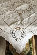Vintage Madeira Irish Linen Cutwork Hand Embroidery Banquet Tablecloth 49/47”