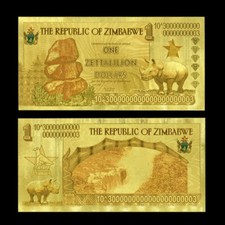 Zimbabwe 1 Zettalilion Dollars Gold Foil Banknote Reserve Bank