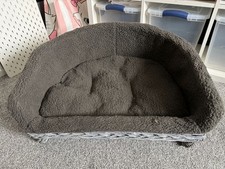 Grey Wicker Dog Bed With Cushion and Fur Edging Pet Sofa Easy Access with Legs