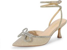 DREAM PAIRS Kitten Heels Women – Rhinestone Bow Pointed Toe Slingback Pumps