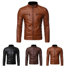 Mens Imitation Leather Jacket Streetwear Motorcycle Stand Collar Punk Outerwear