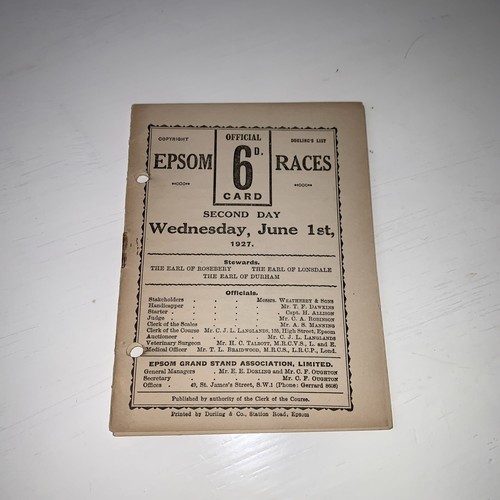 1927 epsom derby racecard won - epsom,