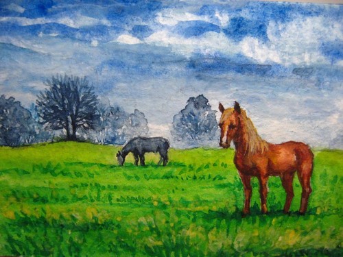 Watercolor painting horse farm - painting,
