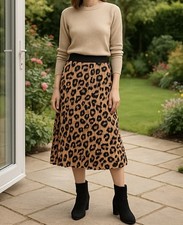 Red Herring Camel Leopard Print Pleated Midi Skirt Size 16