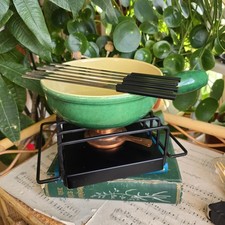 Vintage Swiss Cheese Fondue Set 1960s Boxed Green Stoneware XL Pot Forks Burner