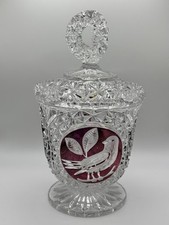 Hofbauer Byrdes German Crystal Ruby Red Bird RD Covered Lidded Candy Jar Dish 9"