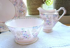 Vintage Tuscan Bone China Baby Pink Floral Milk Jug and Sugar Bowl Hand Painted
