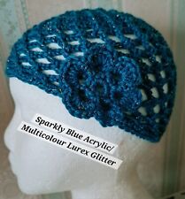 BLUE ACRYLIC DK/MULTI LUREX GLITTER CROCHET HAT SKULL CAP 1970s Fancy Dress ABBA