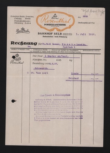 Selb invoice 1927 - selb,, porcelain