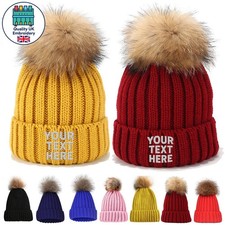 Personalised Embroidered Adult Kid Knitted Winter Warm Beanie Fur Bobble Pom Hat