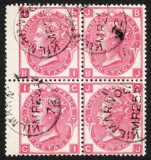 SG102 1867-80 3d deep rose plate 7 BI-CJ VFU block of 4