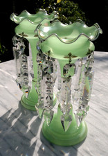 Antique Pair of Victorian Uranium Vaseline Glass Mantel Lustre Vases  8.25"tall