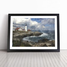 Lighthouse In Maine Framed Canvas Wall Art Print Poster Picture, Home Decor