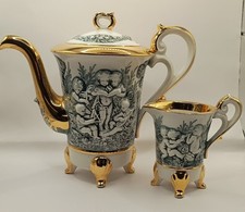 Capodimonte Coffee Pot And Creamer,Italy 50'60's Porcelain,Gold Playing Children