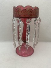 Stunning Antique Cranberry Glass Lustre Vase With 10 7” Chrystal Prism Drops