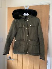 Topshop Petite Green fur lined Parka Coat detachable hood Size 10