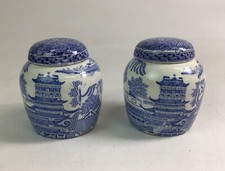 Pair of Antique Ginger Jars With Lids - Willow Pattern - White & Blue Ceramic