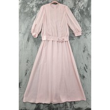 Vintage 70s Chiffon Pleated Satin Trim Blouson Maxi Dress Size 10 Pink Formal