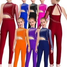 UK Kids Girls Body Unitard Gymnastics Leotard Sparkly Rhinestone Dance Catsuit