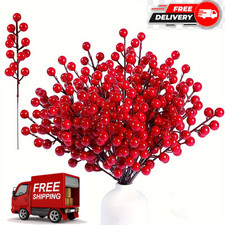 20pcs Christmas Red Berry Branches Foam Stems Festive Home Decor Craft Picks UK