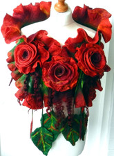Hand Felted -ART Scarf /wool merino  and silk- red roses-