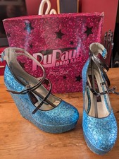 Ru Paul's Drag Race Shoes By Iron Fist Blue  3 Strap Platform Wedges Size UK 5