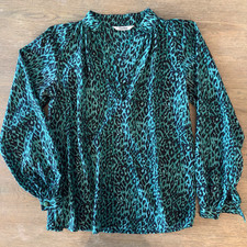 TUCKER 100% Silk Leopard Print Blouse-Aqua Green/Black-Womens Size S-Retail $295