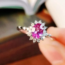3.00 Ct Oval Cut Natural Pink Saphhire & Diamond Wedding Ring 14k White Gold 8