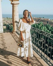 H&M Trend Cream Cotton Crepe Button Front Square Neck Midi Summer Dress Size 12