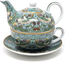 William Morris' Strawberry Thief (Teal) Design - Fine China Tea For One Set