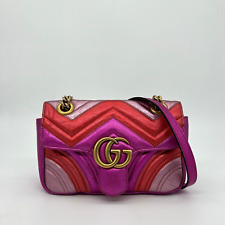 Gucci GG Mini Marmont Flap Bag Metallic Matelasse Fuchsia Leather Gold Hardware