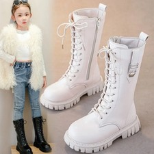 Girls Zipper Black/White Elegant Boots Kids Round Toe Warm Thick Sole Lace Shoes