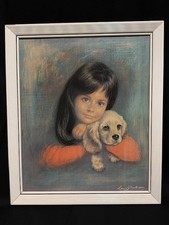Vintage Lou Shabner “Girl with Puppy” Textured Print