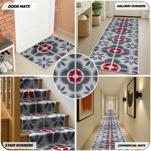 Red grey floral tiles stair - red,