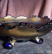 FENTON Peacock Blue Pressed Glass Bowl Rare Racehorse Design Carnival Glass 