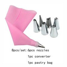 8 Pcs/Set Silicone Icing Piping Cream Pastry Bag +6PCS Stainless Steel Nozzle UK