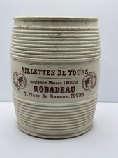 Old french stoneware advertising jar, Rillettes de tours. Damaged