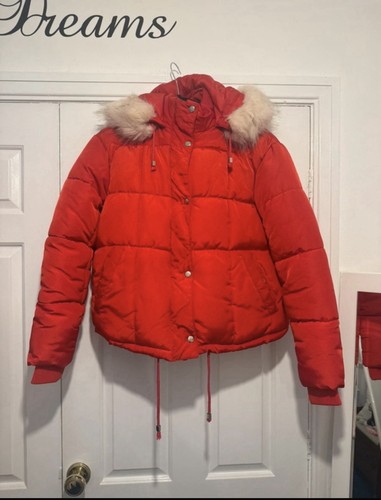 Red puffer jacket faux - red,