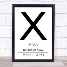 Xi'an Republic Of China Coordinates World City Travel Quote Wall Art Print