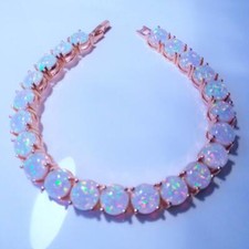 EXQUISITE  WHITE   FIRE OPAL  ROSE GOLD  TENNIS  BRACELET  7.5" to  8"