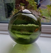 Antique Hand Blown Dark Green Glass Fishing Float With Rare 5 Point Star